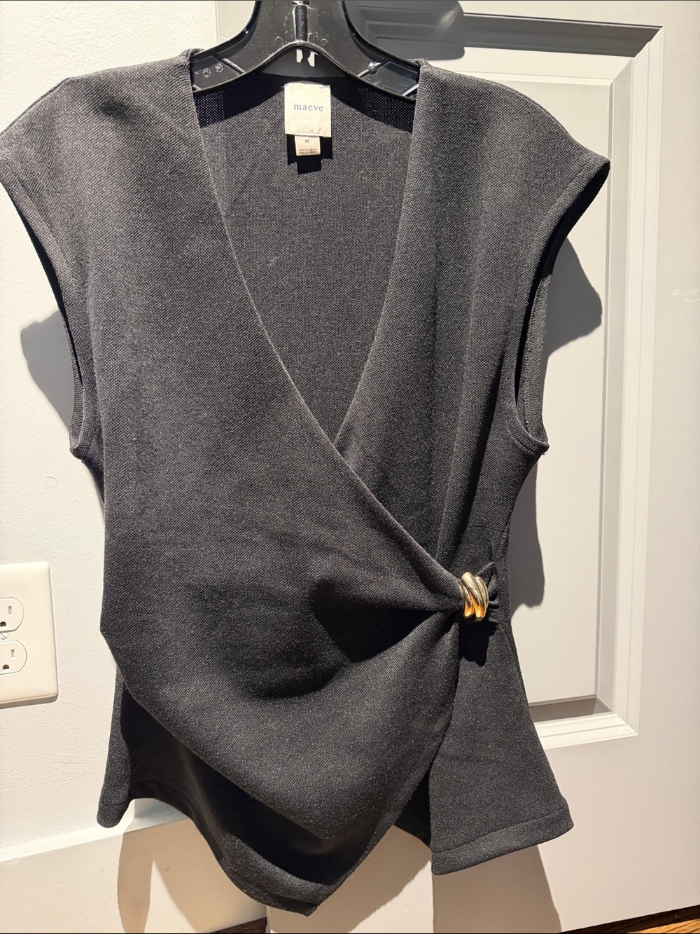 Maeve Anthropologie Black Sleeveless Wrap Top with Gold Ring - Picture 3 of 8